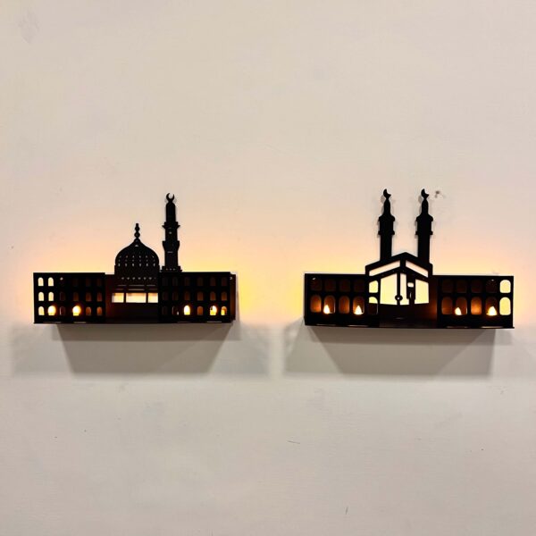 3D Islamic Wooden Shelves – Khana Kaaba & Roza Rasool (SAW) Design with 4 LED Candles | Spiritual Home Decor, Eid Gift & Mosque Display