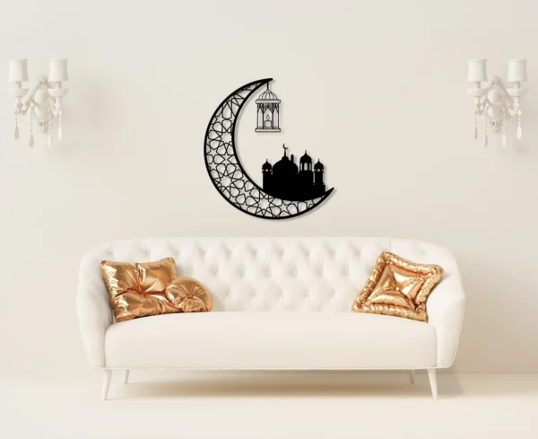 Metal Crescent with Mosque Wall Art, Wooden Islamic Candle Holder, Eid Decoration