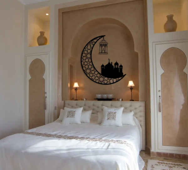 Metal Crescent with Mosque Wall Art, Wooden Islamic Candle Holder, Eid Decoration - Image 2