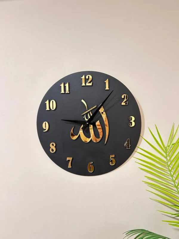 Islamic Wooden Wall Clock with Allah Calligraphy – Handcrafted Modern Muslim Home Decor for Living Room & Prayer Space - Image 3