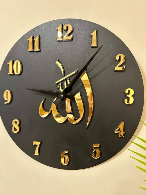 Islamic Wooden Wall Clock with Allah Calligraphy – Handcrafted Modern Muslim Home Decor for Living Room & Prayer Space - Image 2